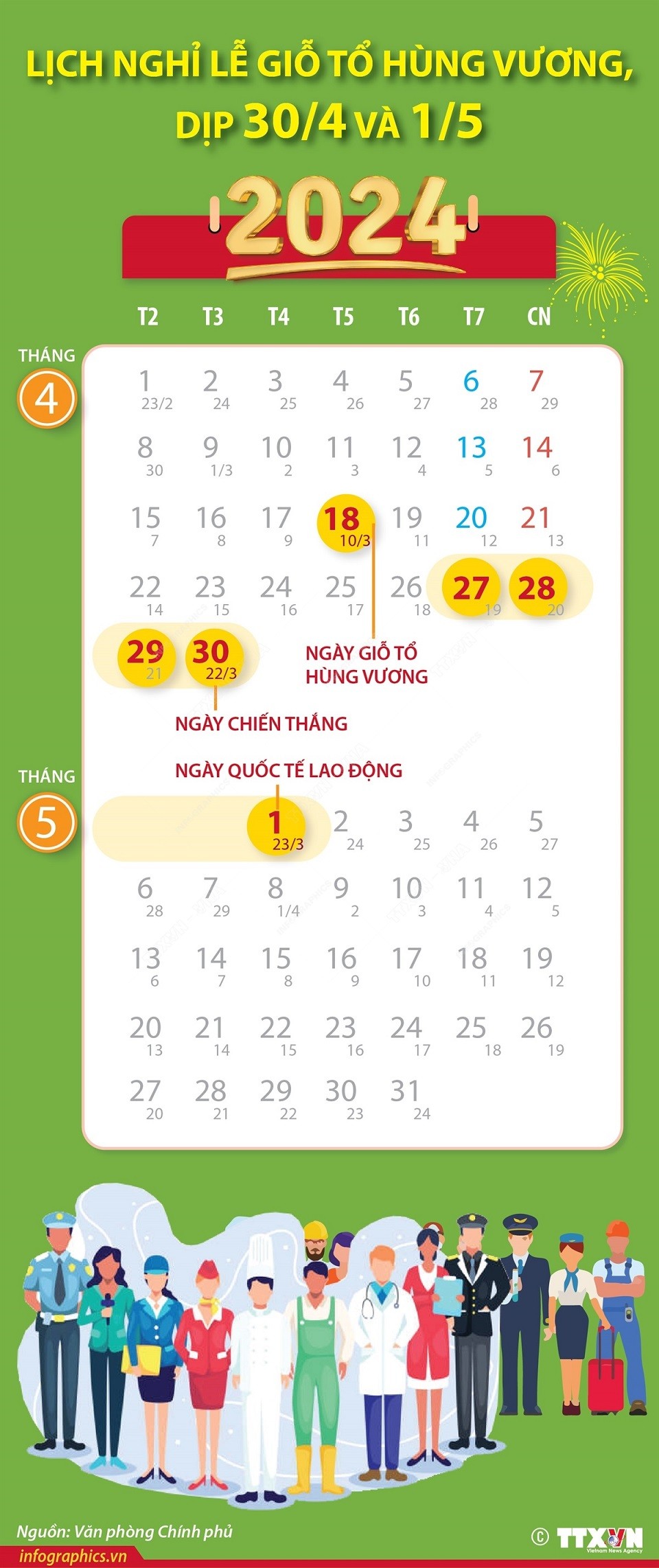 Lịch nghỉ lễ dịp Giỗ tổ Hùng Vương và 30/4 - 1/5/2024; Lịch nghỉ lễ dịp Giỗ tổ Hùng Vương và 30/4 - 1/5/2024;