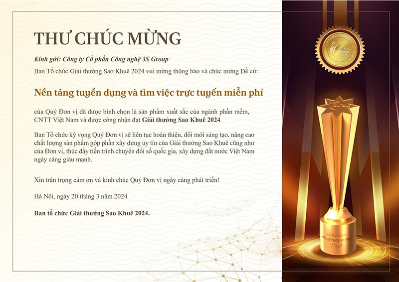 Thư chúc mừng từ Ban tổ chức giải thưởng Sao Khuê 2024. Thư chúc mừng từ Ban tổ chức giải thưởng Sao Khuê 2024.