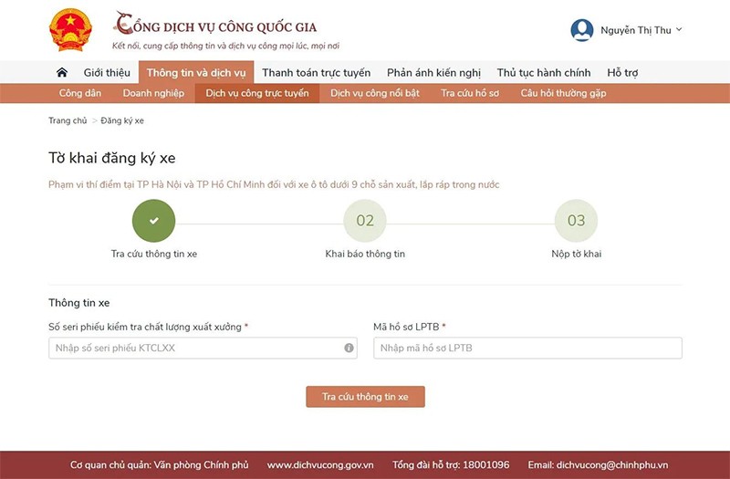 Hướng dẫn thủ tục đăng ký xe trên Cổng dịch vụ công quốc gia Hướng dẫn đăng ký xe trên Cổng dịch vụ công quốc gia