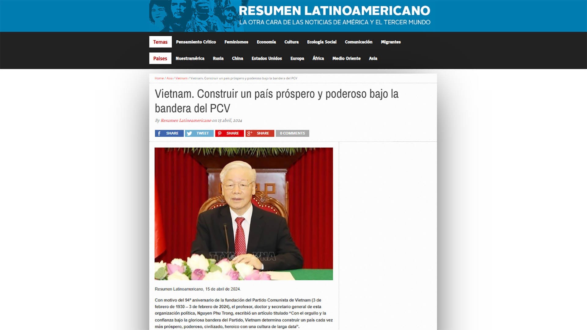 Báo chí Argentina đăng bài viết của Tổng Bí thư Nguyễn Phú Trọng