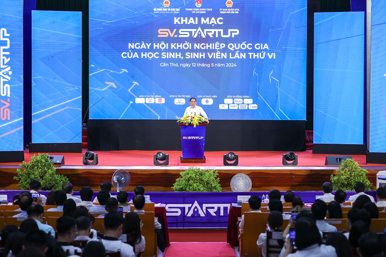 Thủ tướng phát biểu tại lễ khai mạc Ngày hội Khởi nghiệp Quốc gia của học sinh, sinh viên lần thứ VI. (Nguồn: VGP News)
