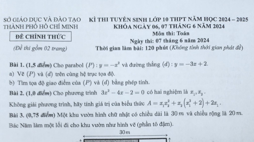 Đề thi Toán vào lớp 10 năm 2024 tại TP. Hồ Chí Minh