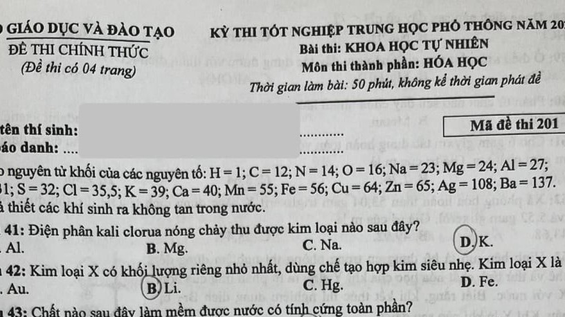 Đề thi môn Hóa học tốt nghiệp THPT năm 2024