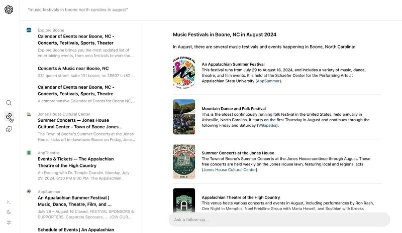 Giao diện tìm kiếm của SearchGPT, với kết quả tìm kiếm nằm bên phải và các đường link nguồn thông tin nằm bên trái Giao diện tìm kiếm của SearchGPT, với kết quả tìm kiếm nằm bên phải và các đường link nguồn thông tin nằm bên trái