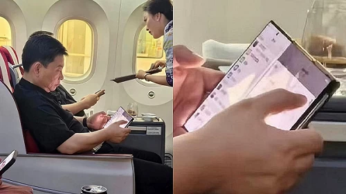 Hình ảnh CEO Richard Yu của Huawei sử dụng chiếc smartphone màn hình gập ba khi ngồi trên máy bay Hình ảnh CEO Richard Yu của Huawei sử dụng chiếc smartphone màn hình gập ba khi ngồi trên máy bay
