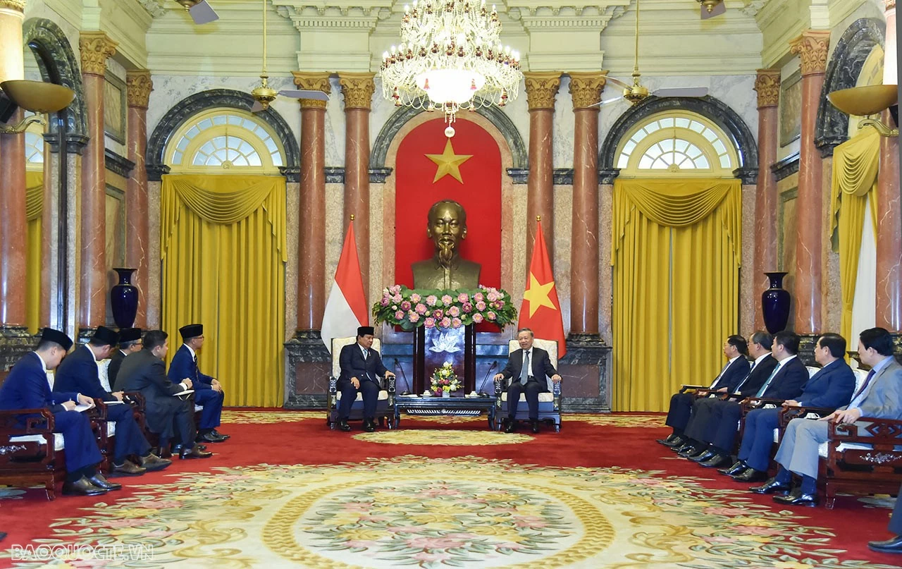 Chiều ngày 13/9, tại Phủ Chủ tịch, Tổng Bí thư, Chủ tịch nước Tô Lâm đã tiếp Tổng thống đắc cử Indonesia Prabowo Subianto thăm làm việc tới Việt Nam. (Ảnh: Tuấn Anh)