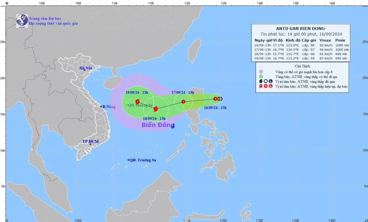 Dự báo tác động của áp thấp nhiệt đới: Từ sáng 17/9, phía Đông của Bắc Biển Đông mưa rào, giông mạnh, sóng cao 2-4m, biển động Dự báo tác động của áp thấp nhiệt đới: Từ sáng 17/9, phía Đông của Bắc Biển Đông mưa rào, giông mạnh, sóng cao 2-4m, biển động
