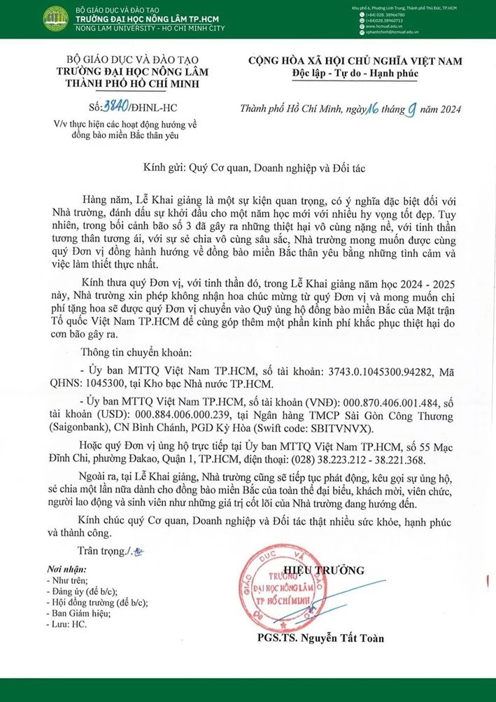 TP. Hồ Chí Minh: Trường đại học không tổ chức khai giảng, quyên góp hàng tỷ đồng cho vùng lũ, không nhận hoa TP. Hồ Chí Minh: Trường đại học không tổ chức khai giảng, quyên góp hàng tỷ đồng cho vùng lũ, không nhận hoa