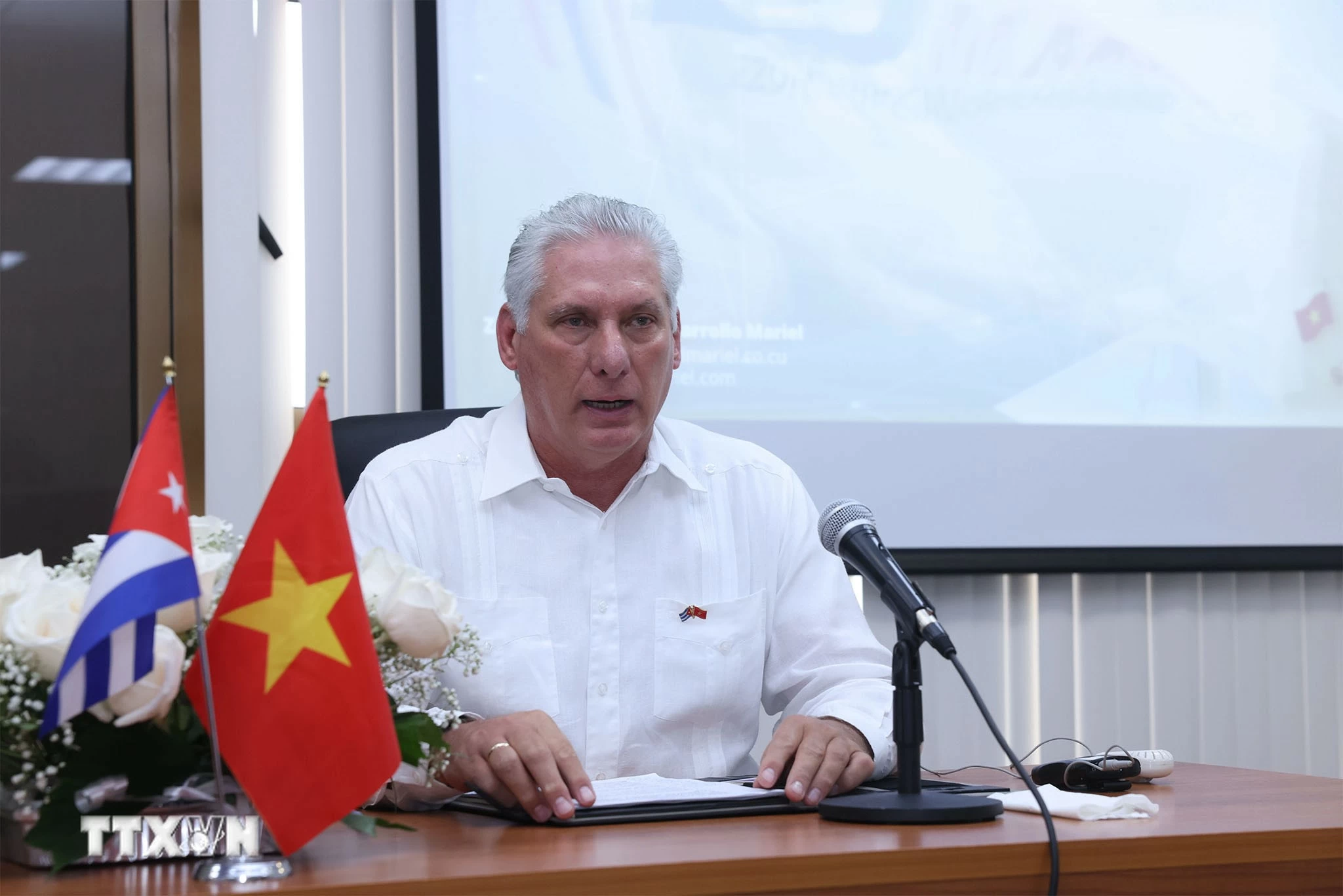 Bí thư thứ nhất Đảng Cộng sản Cuba, Chủ tịch nước Cuba Miguel Diaz Canel Bermudez phát biểu tại cuộc gặp gỡ các nhà đầu tư vào Đặc khu phát triển Mariel, trong đó có doanh nghiệp Việt Nam. (Nguồn: TTXVN)