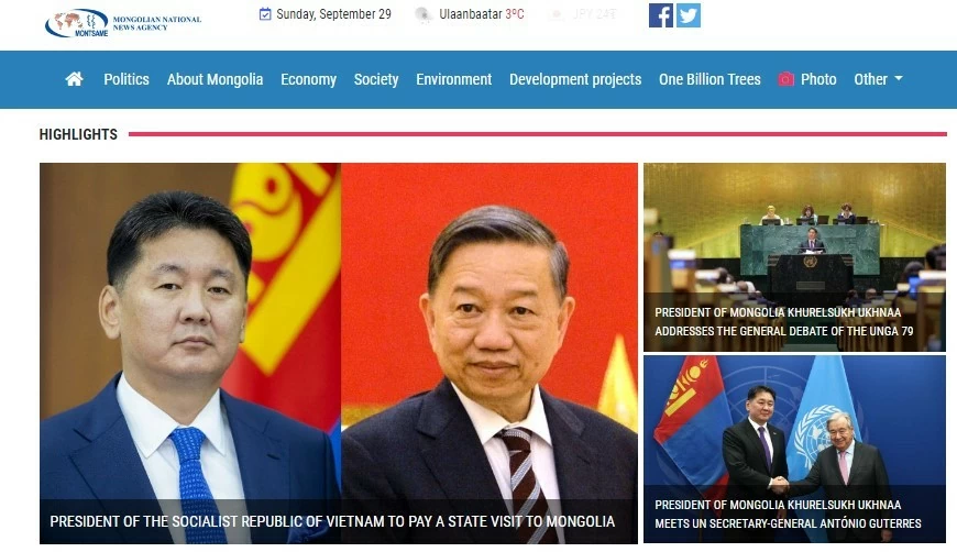 Hãng thông tấn Mông Cổ Montsame ngày 29/9 đưa tin trang trọng ở trang nhất về chuyến thăm của Tổng Bí thư, Chủ tịch nước Việt Nam Tô Lâm. (Ảnh chụp màn hình) Hãng thông tấn Mông Cổ Montsame ngày 29/9 đưa tin trang trọng ở trang nhất về chuyến thăm của Tổng Bí thư, Chủ tịch nước Việt Nam Tô Lâm. (Ảnh chụp màn hình)