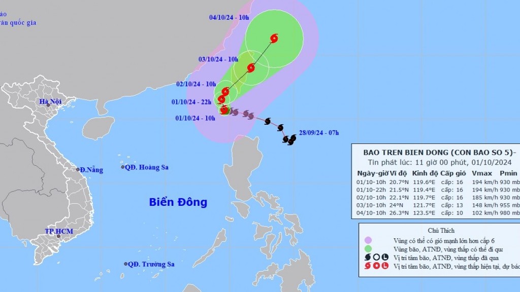 Dự báo: Bão số 5 trên vùng biển phía Đông Bắc của Bắc Biển Đông, tàu thuyền chịu tác động của giông, lốc, gió mạnh, sóng lớn 9-11m