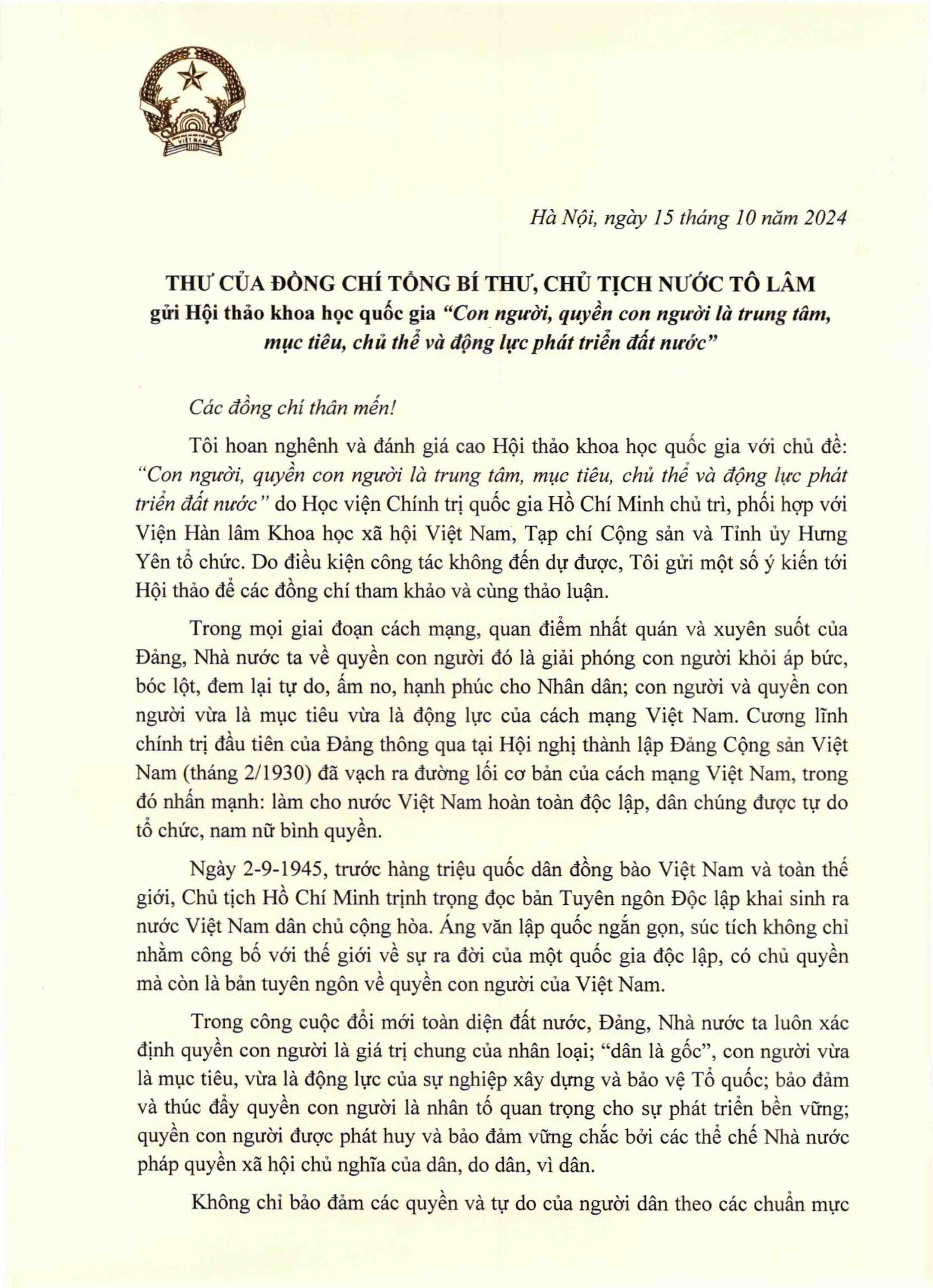 Thư của Tổng Bí thư, Chủ tịch nước gửi Hội thảo ‘Con người, quyền con người là trung tâm, mục tiêu, chủ thể và động lực phát triển đất nước’