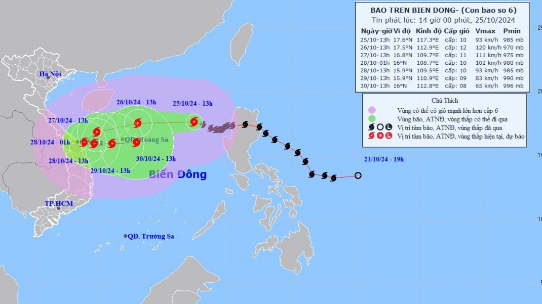Dự báo: Bão số 6 diễn biến phức tạp, có thể có thay đổi; chiều tối và đêm 26-28/10, khu vực Quảng Trị - Quảng Ngãi mưa to đến rất to