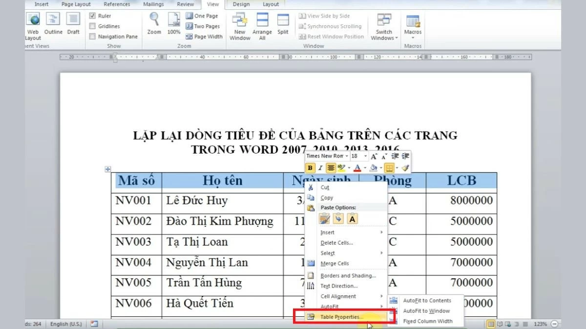 Cách lặp lại tiêu đề trong Word cho bảng biểu, in ấn siêu đơn giản Cách lặp lại tiêu đề trong Word cho bảng biểu, in ấn siêu đơn giản