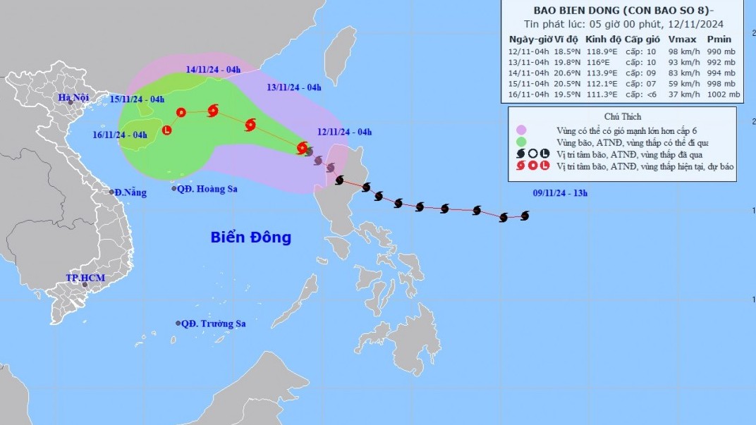 Dự báo bão số 8: Trên vùng biển phía Đông khu vực Bắc Biển Đông, di chuyển theo hướng Tây Bắc