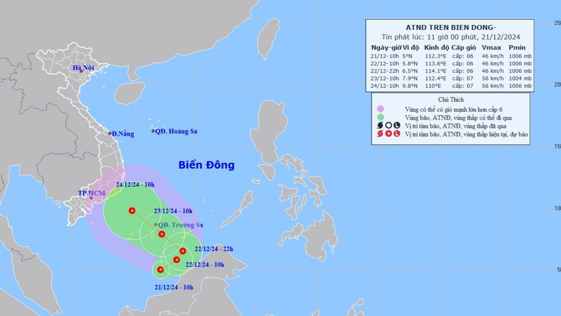 Dự báo áp thấp nhiệt đới: Trên vùng biển phía Nam khu vực Nam Biển Đông, gió giật cấp 8, sóng cao 3-5m