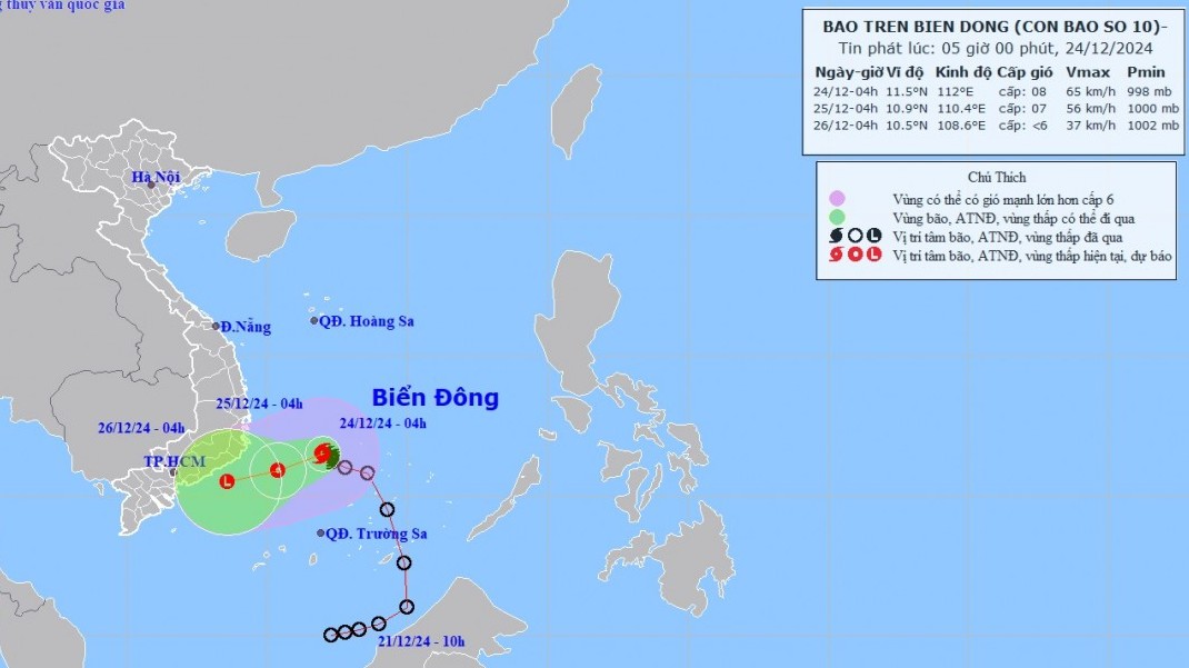Dự báo diễn biến bão số 10: Sẽ suy yếu dần thành áp thấp nhiệt đới trên vùng biển Khánh Hòa-Bình Thuận, gió cấp 6, sóng cao 3-6m