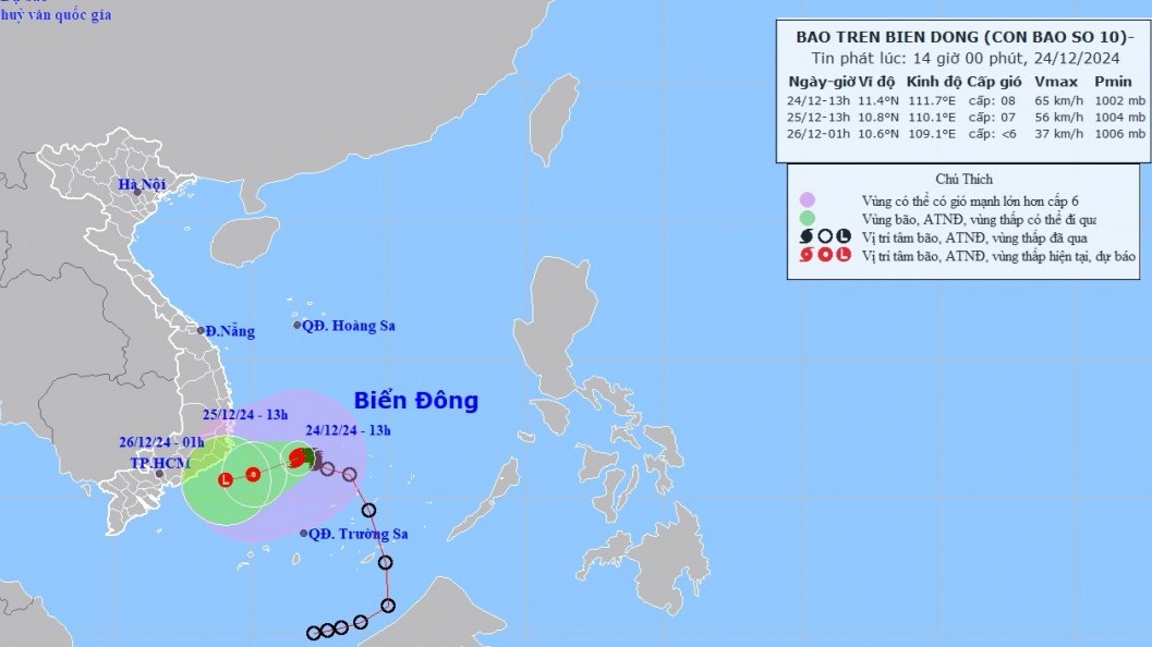Dự báo bão sô 10: Ít dịch chuyển; tàu thuyền trong vùng nguy hiểm chịu tác động của giông, lốc, gió mạnh, sóng lớn