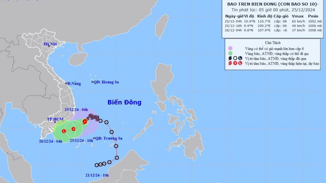 Dự báo ảnh hưởng bão số 10: Vùng biển Khánh Hòa đến Bà Rịa-Vũng Tàu gió mạnh cấp 6-7, tâm bão giật cấp 10