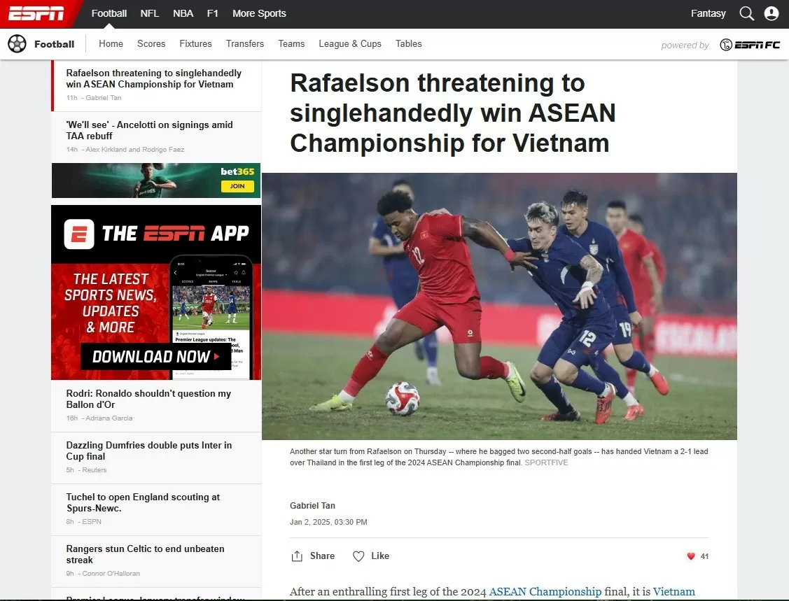 Bài viết dự đoán Xuân Son sẽ giúp đội tuyển Việt Nam vô địch ASEAN Cup trên ESPN châu Á. (Ảnh chụp màn hình) Bài viết dự đoán Xuân Son sẽ giúp đội tuyển Việt Nam vô địch ASEAN Cup trên ESPN châu Á. (Ảnh chụp màn hình)
