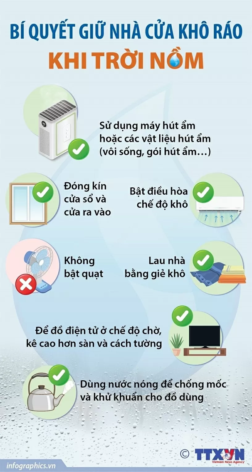 Sau Tết, cuối Xuân, đặc trưng của thời tiết miền Bắc thường là mưa phùn, độ ẩm không khí tăng cao.  Nồm ẩm gây ra nhiều bất tiện trong sinh hoạt hàng ngày, như sàn nhà ẩm ướt, tường và trần nhà đọng nước. Quần áo giặt phơi khó khô và dễ bị mốc...  Để giảm thiểu tác động của nồm ẩm, người dân nên đóng kín cửa nhà để hạn chế không khí ẩm từ bên ngoài xâm nhập; sử dụng điều hòa ở chế độ khô giúp hút ẩm trong không khí, giữ cho không gian trong nhà khô ráo và thoáng mát.  Khi lau dọn nhà cửa, nên dùng giẻ khô và thấm hút tốt thay vì dùng nước để lau vì sẽ làm tăng độ ẩm.  Có thể đặt các vật liệu hút ẩm như than củi, vôi sống hoặc giấy báo ở các góc nhà, gầm giường, tủ để hút ẩm.