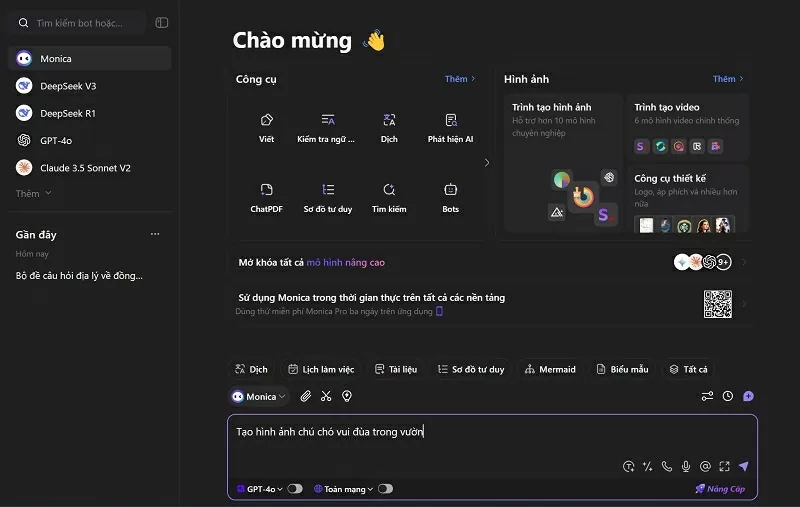 Nhập câu lệnh yêu cầu để Monica xử lý Nhập câu lệnh yêu cầu để Monica xử lý