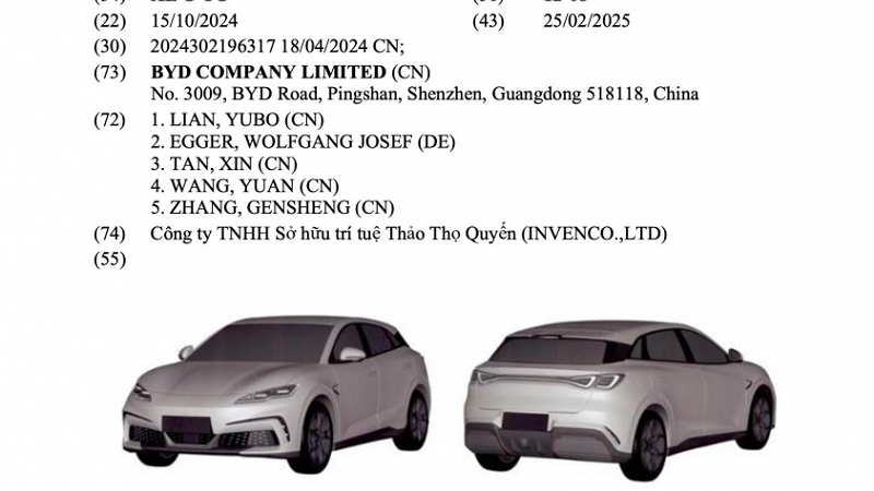 BYD đăng ký bản quyền kiểu dáng hai mẫu xe mới tại Việt Nam