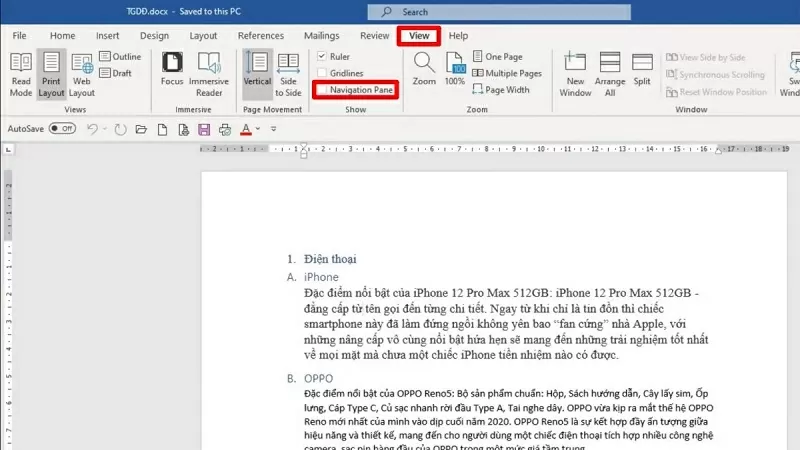 Nhấn vào tab View và chọn Navigation Pane Nhấn vào tab View và chọn Navigation Pane