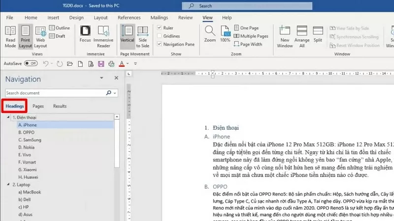 Chọn mục Headings Chọn mục Headings