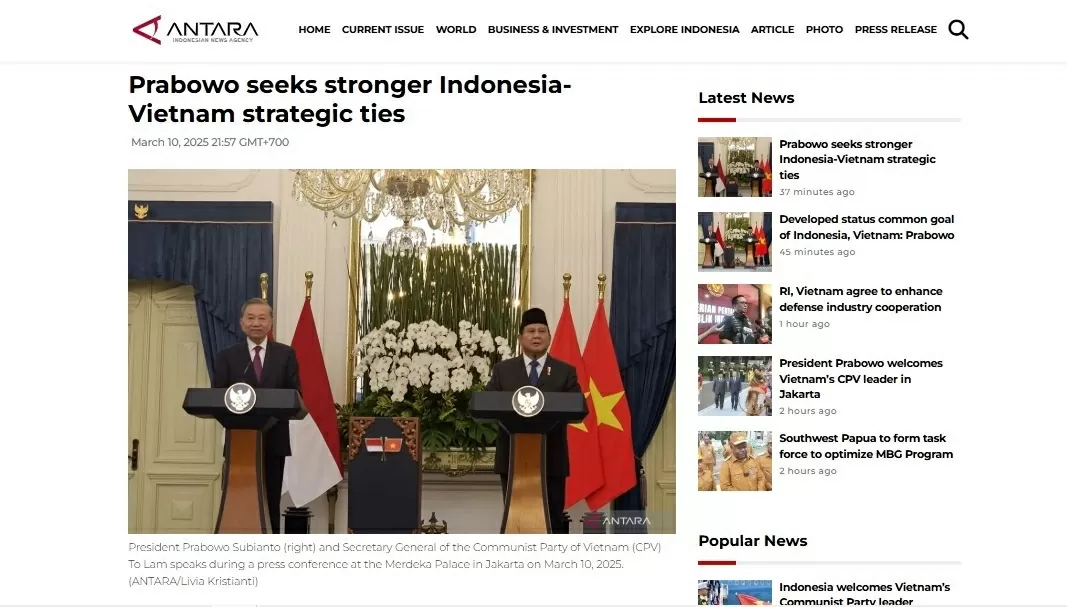 Truyền thông Indonesia đưa tin nổi bật về việc nâng cấp quan hệ lên Đối tác chiến lược toàn diện với Việt Nam Truyền thông Indonesia đưa tin nổi bật về việc nâng cấp quan hệ lên Đối tác chiến lược toàn diện với Việt Nam