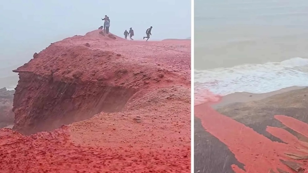 Iran: Bãi biển đảo Hormuz chuyển màu đỏ tươi sau cơn mưa nặng hạt