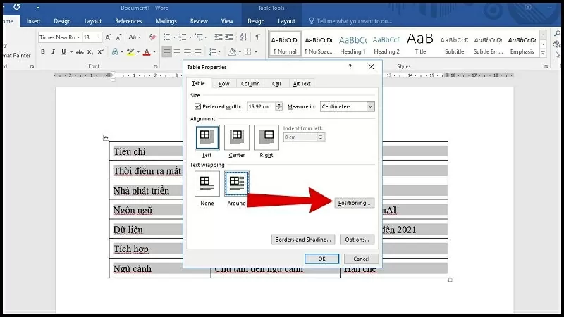 Chọn mục Positioning Chọn mục Positioning