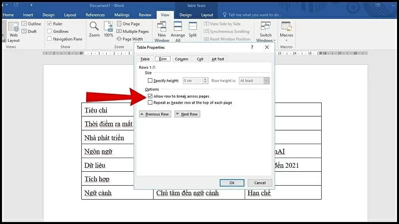 Đánh dấu tích vào mục Allow row to break across pages Đánh dấu tích vào mục Allow row to break across pages