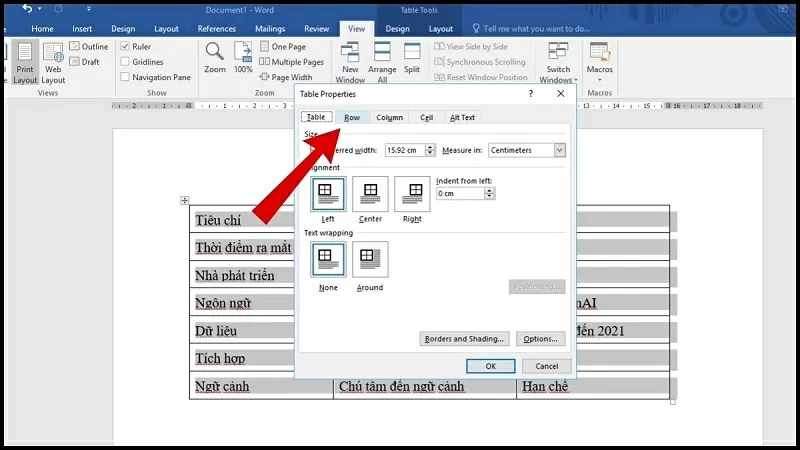 Nhấn chọn Row Nhấn chọn Row