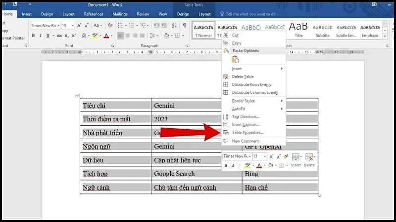 Nhấn vào Table Properties Nhấn vào Table Properties