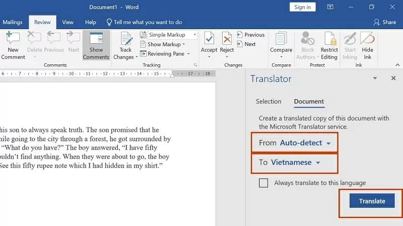 Chọn ngôn ngữ đích là Vietnamese và nhấn Translate Chọn ngôn ngữ đích là Vietnamese và nhấn Translate