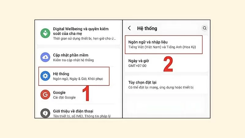 Tìm đến mục Hệ thống rồi chọn vào Ngôn ngữ & Nhập liệu Tìm đến mục Hệ thống rồi chọn vào Ngôn ngữ & Nhập liệu