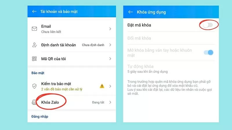 Bật tính năng Đặt mã khóa Bật tính năng Đặt mã khóa