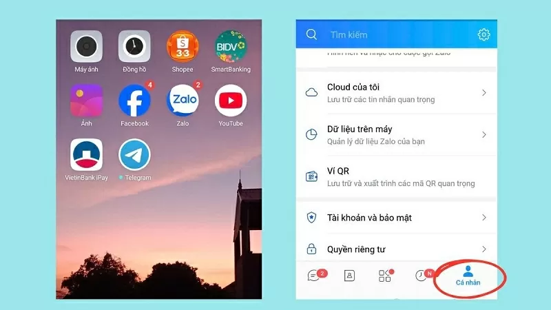 Mở Zalo lên và chọn mục Cá nhân Mở Zalo lên và chọn mục Cá nhân