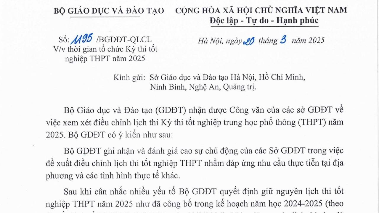 Bộ Giáo dục và Đào tạo quyết định giữ nguyên lịch thi tốt nghiệp THPT 2025
