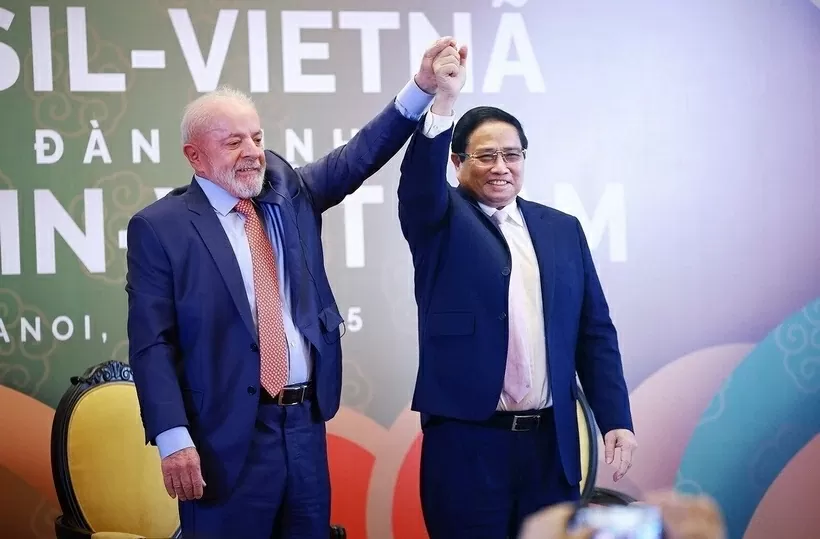 hủ tướng Phạm Minh Chính và Tổng thống Brazil Luiz Inácio Lula da Silva tham dự Diễn đàn kinh tế Việt Nam-Brazil. (Ảnh: Dương Giang/TTXVN)