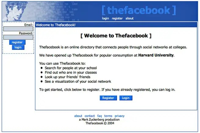 Giao diện đầu tiên của Thefacebook năm 2004 Giao diện đầu tiên của Thefacebook năm 2004