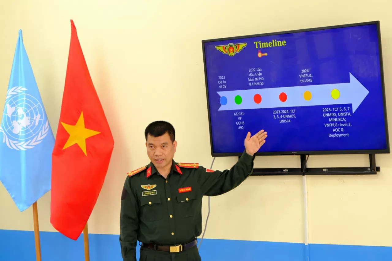 Đại tá Lê Quốc Huy, Đại diện Văn phòng thường trực về GGHB LHQ, Bộ Công an báo cáo kết quả công tác. (Nguồn: FPU) Đại tá Lê Quốc Huy, Đại diện Văn phòng thường trực về GGHB LHQ, Bộ Công an báo cáo kết quả công tác. (Nguồn: FPU)