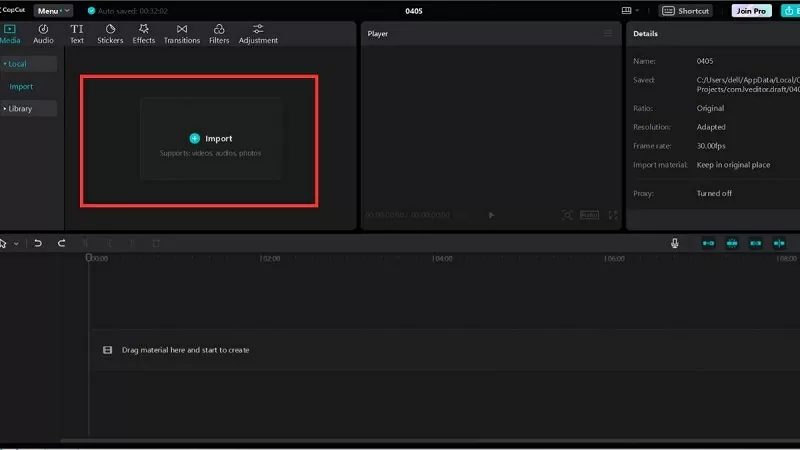Chọn vào mục Import