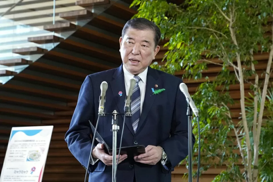 Thủ tướng Nhật Bản Shigeru Ishiba phát biểu với các phóng viên tại văn phòng thủ tướng ở Tokyo vào ngày 17/4. (Nguồn: Kyodo News)