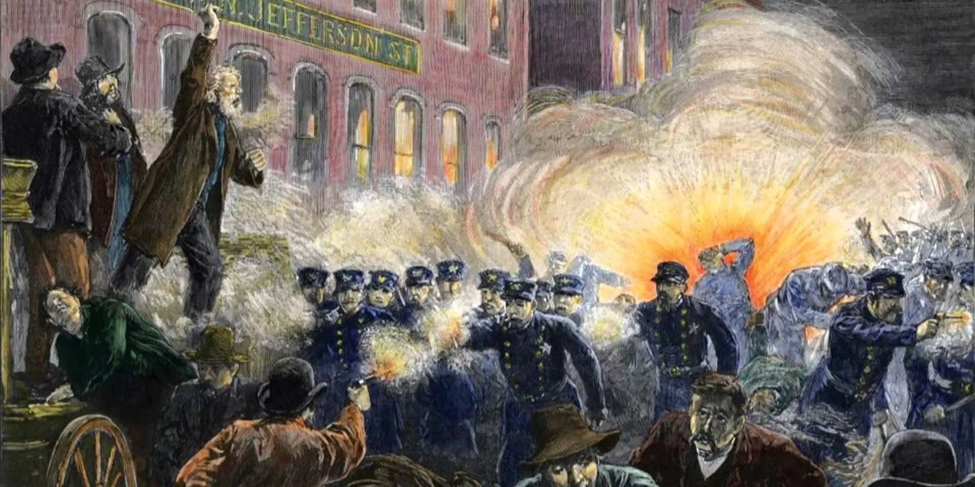 Hình minh họa trên trang History về vụ bạo loạn ở Quảng trường Haymarket (Chicago, Mỹ) ngày 4/5/1886, trong phong trào đình công của công nhân Mỹ. (Nguồn: Getty Images)