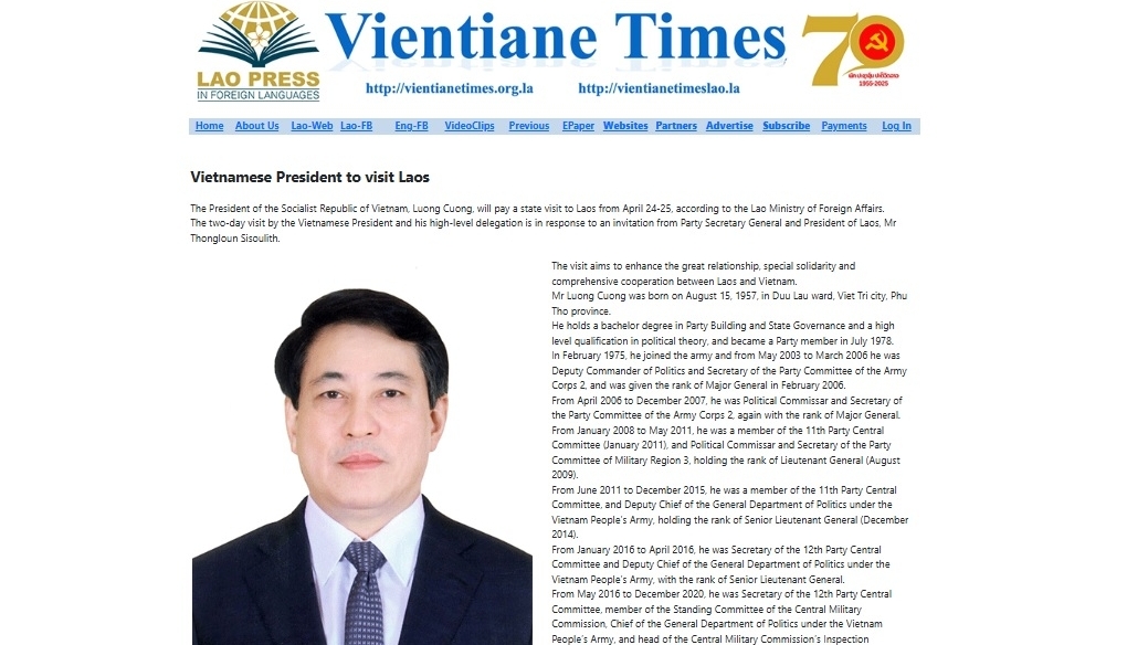 Truyền thông Lào đề cao ý nghĩa chuyến thăm cấp Nhà nước đầu tiên của Chủ tịch nước Lương Cường