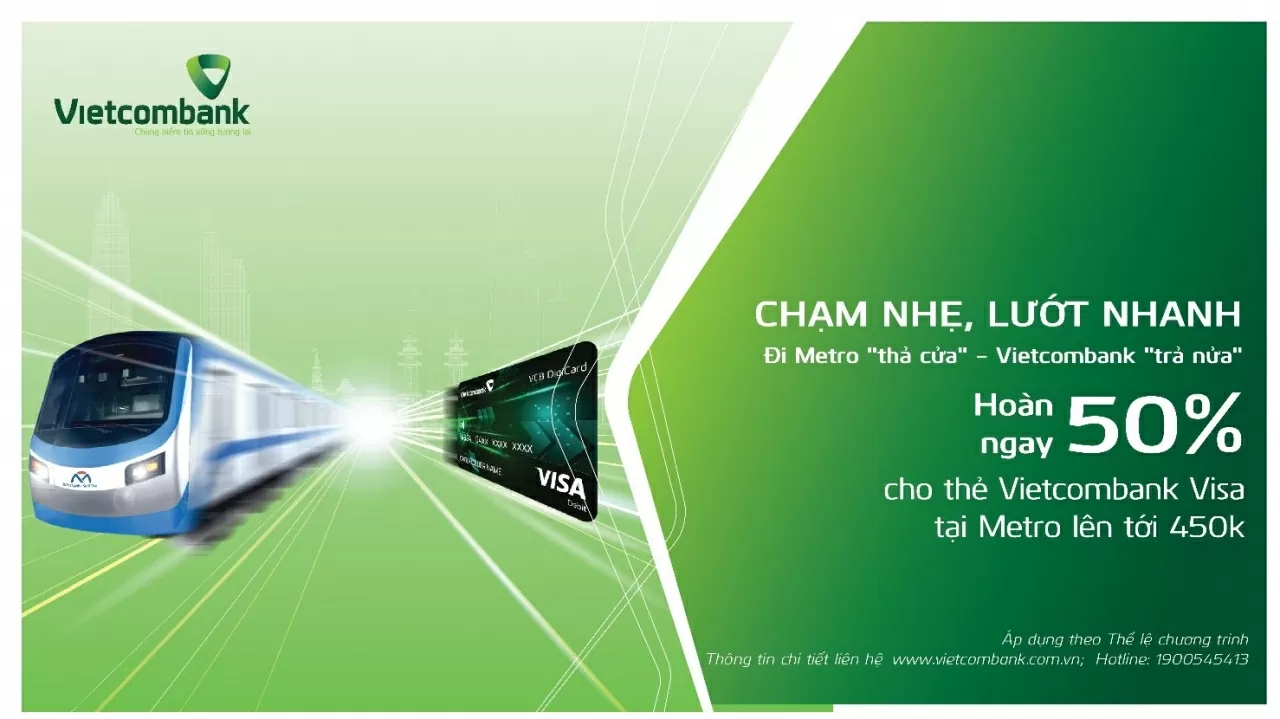 Chào mừng 50 năm Thống nhất đất nước, Vietcombank hoàn 50% vé Metro tới 450.000 VND Vietcombank tặng 50% tiền vé tới khách hàng trải nghiệm Metro, chào mừng 50 năm Ngày Giải phóng miền Nam, thống nhất đất nước