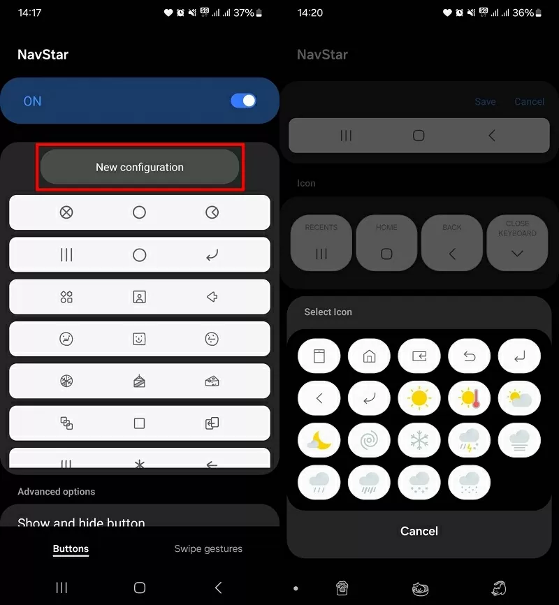 Nhấn chọn New Configuration để thay đổi các biểu tượng Nhấn chọn New Configuration để thay đổi các biểu tượng