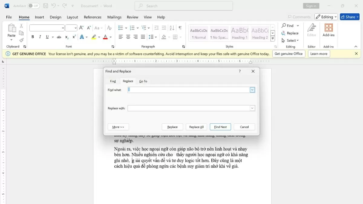 Trong Find & Replace, nhập hai dấu cách theo hướng dẫn Trong Find & Replace, nhập hai dấu cách theo hướng dẫn